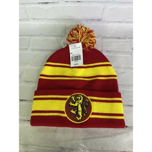 Harry Potter Gryffindor Logo Striped Knit Cuff Pom Beanie Hat Cap Adult OSFM - Picture 1 of 5